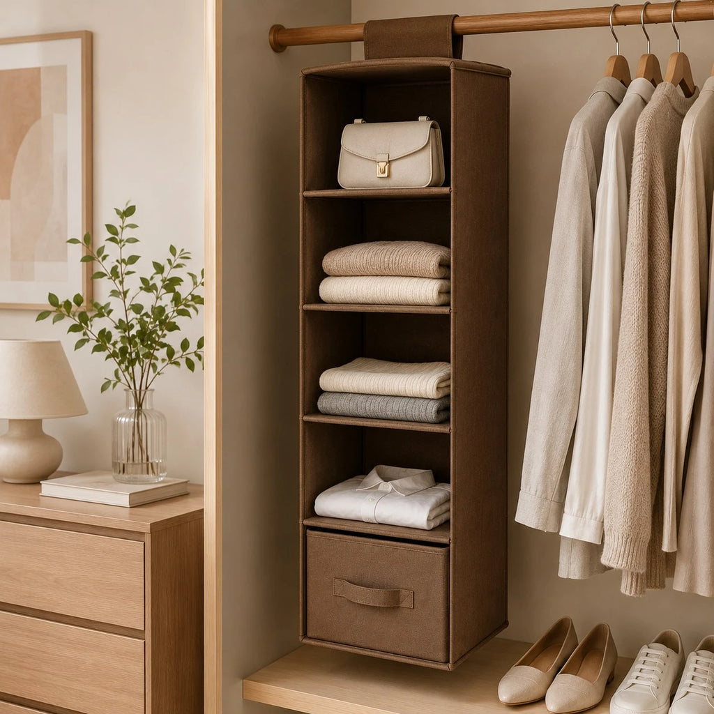 Ziqo 5-Shelf Hanging Closet Organizer with Drawer - Brown Wardrobe Storage Shelves
