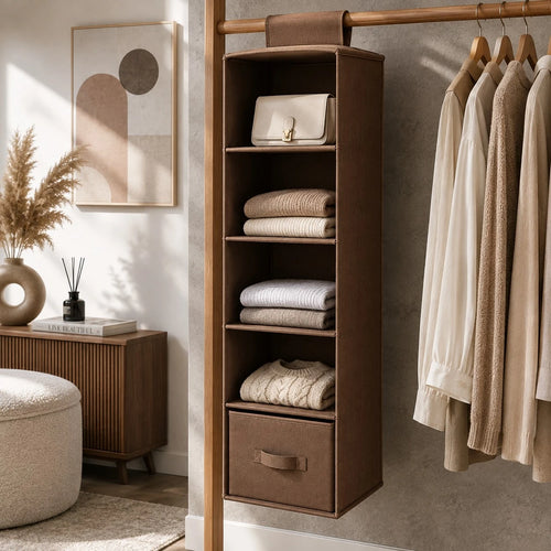 Ziqo 5-Shelf Hanging Closet Organizer with Drawer - Brown Wardrobe Storage Shelves