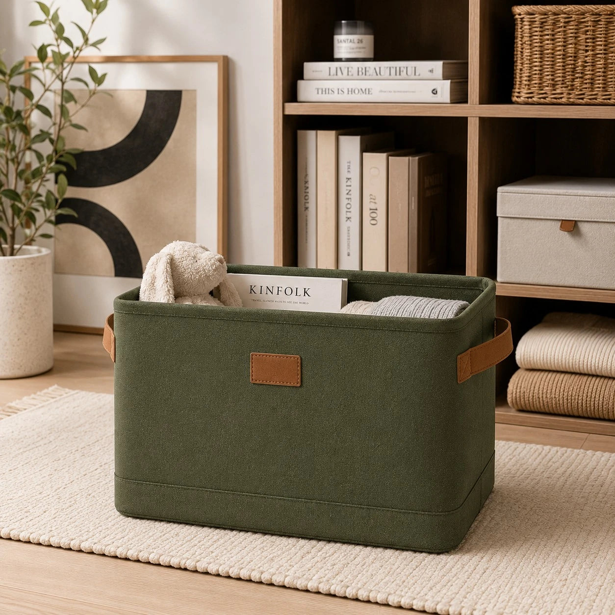 Ziqo Foldable Fabric Storage Bin with Leather Handles - Olive Green Toy & Closet Basket