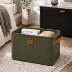 Ziqo Foldable Fabric Storage Bin with Leather Handles - Olive Green Toy & Closet Basket