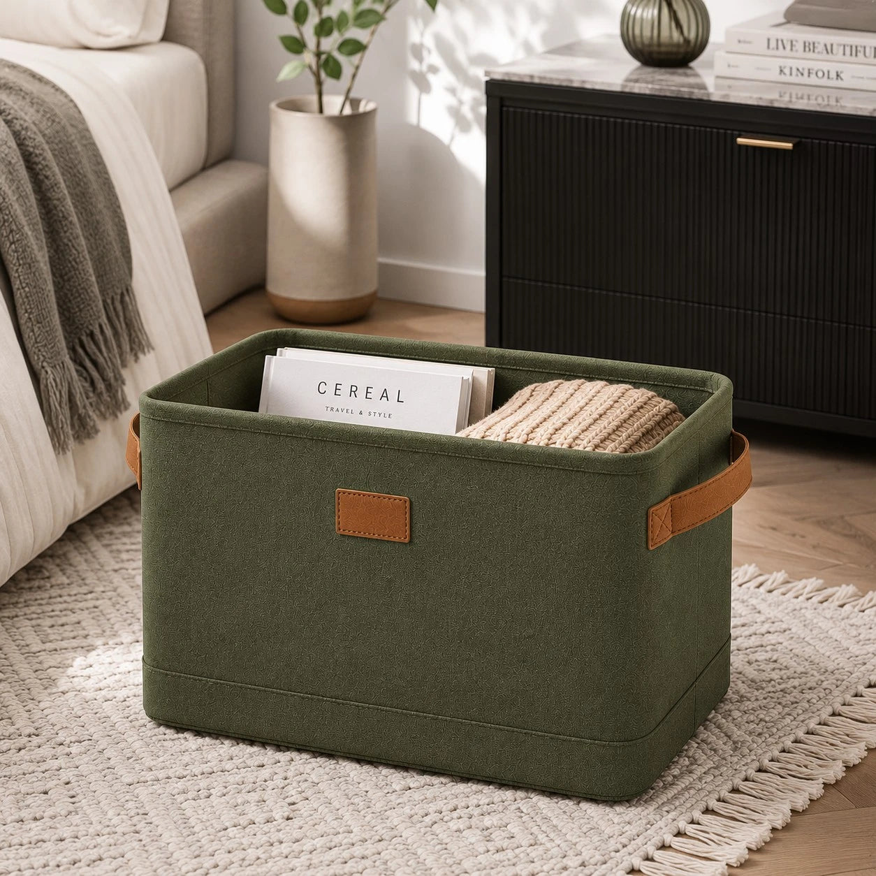 Ziqo Foldable Fabric Storage Bin with Leather Handles - Olive Green Toy & Closet Basket