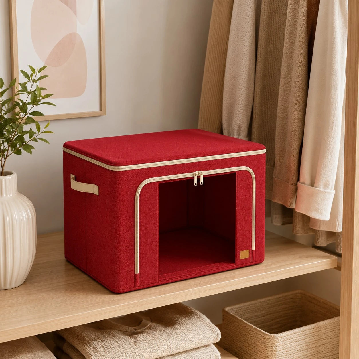 Ziqo Foldable Fabric Storage Box with Double Zipper - Red Closet Organizer Bin